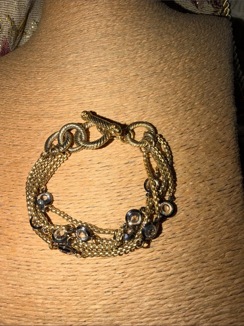 Bracelet toggle clasp smoky  crystal five strands gold tone